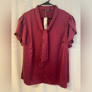 BloomChic Burgundy Solid Textured Tie Neck Petal Sleeve Blouse